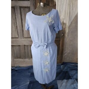 Vintage 1950s Marcy Allen Original Blue Sheath Dress Embroidered Floral M